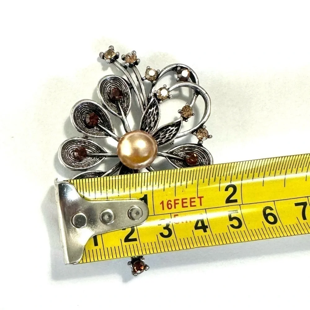 Vintage Floral Brooch Pin Pendant Champagne Amber Rhinestone Rose Gold Center